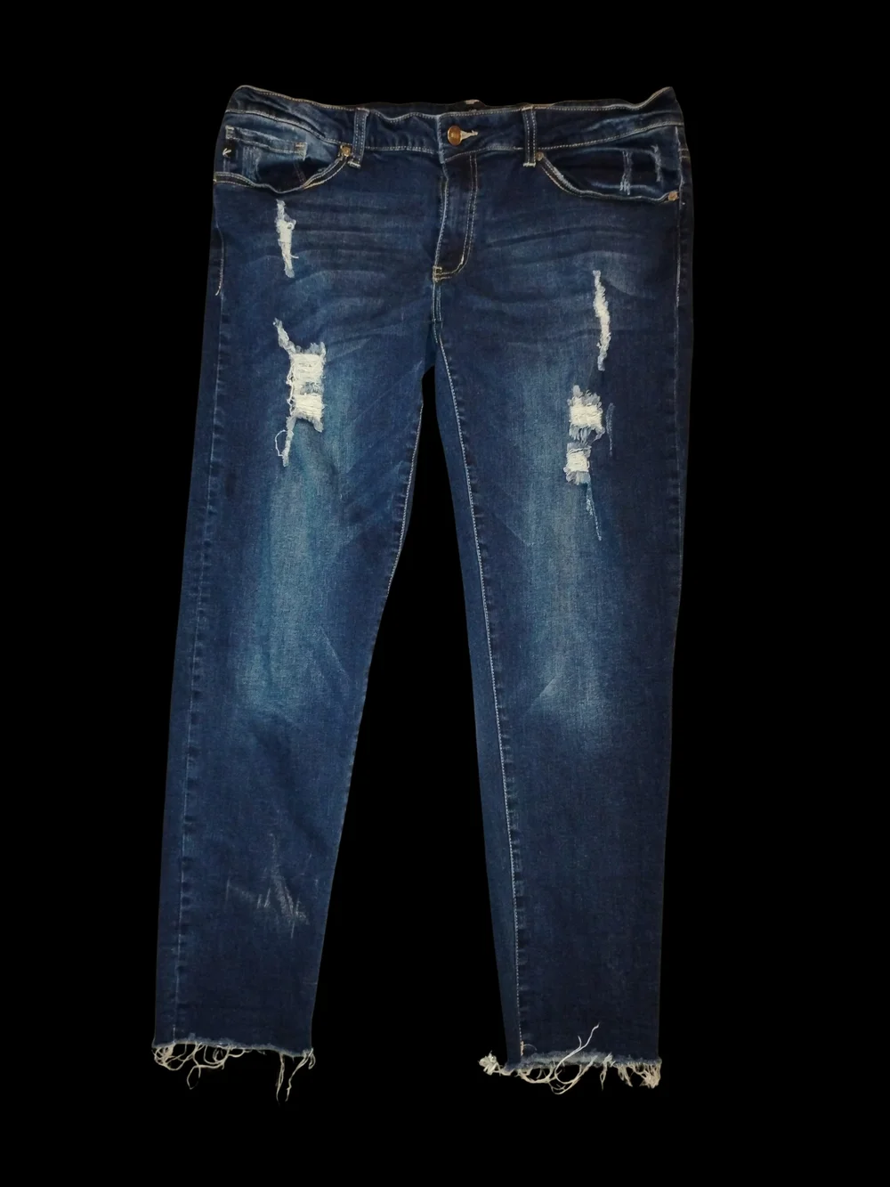 KanCan Distressed Dark Blue Boyfriend Jeans with Frayed Hem - Picture 1 of 3